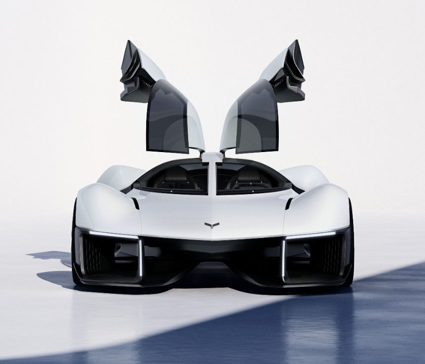 Auto concepto Chevrolet Corvette con puertas de ala de gaviota abiertas.
